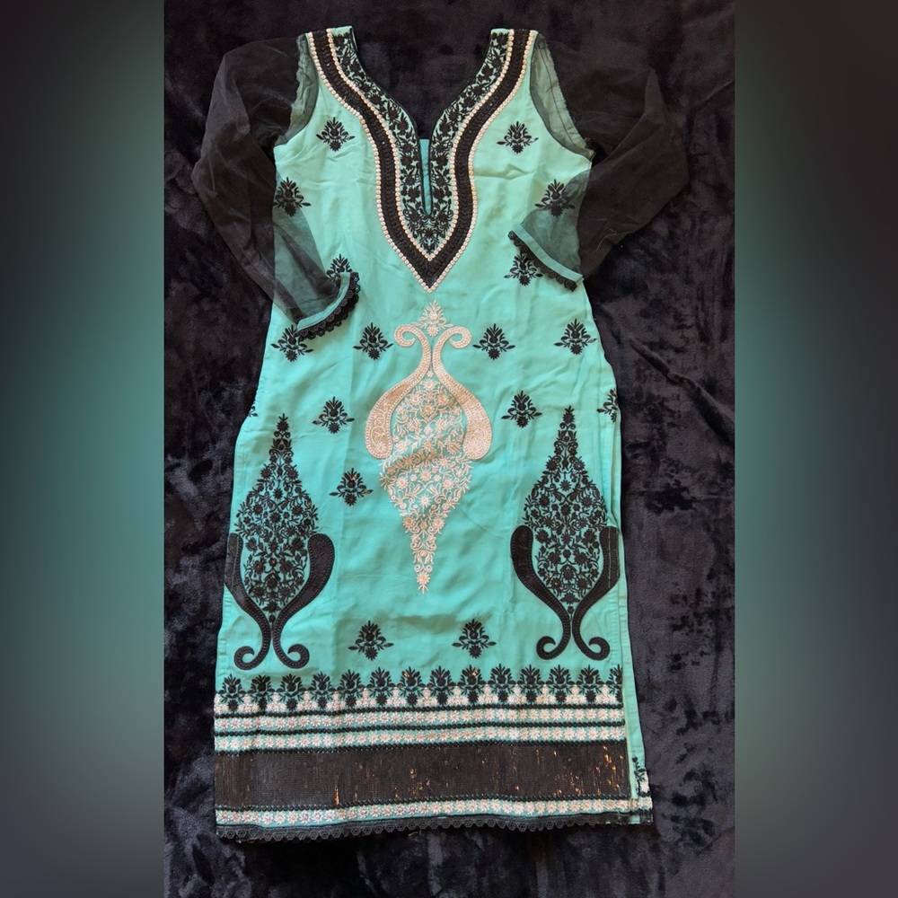 🎊 Indian salwar kameez boutique made turquoise black embroidered work 3 piece